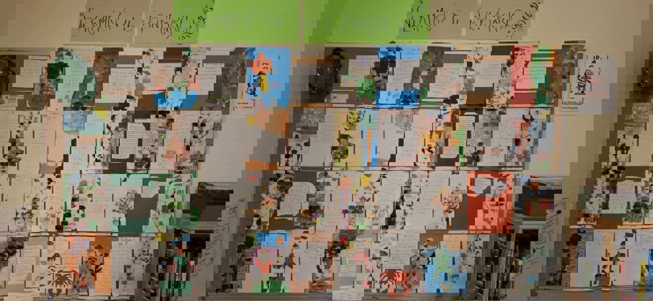 en vegg med plakater og papirer på